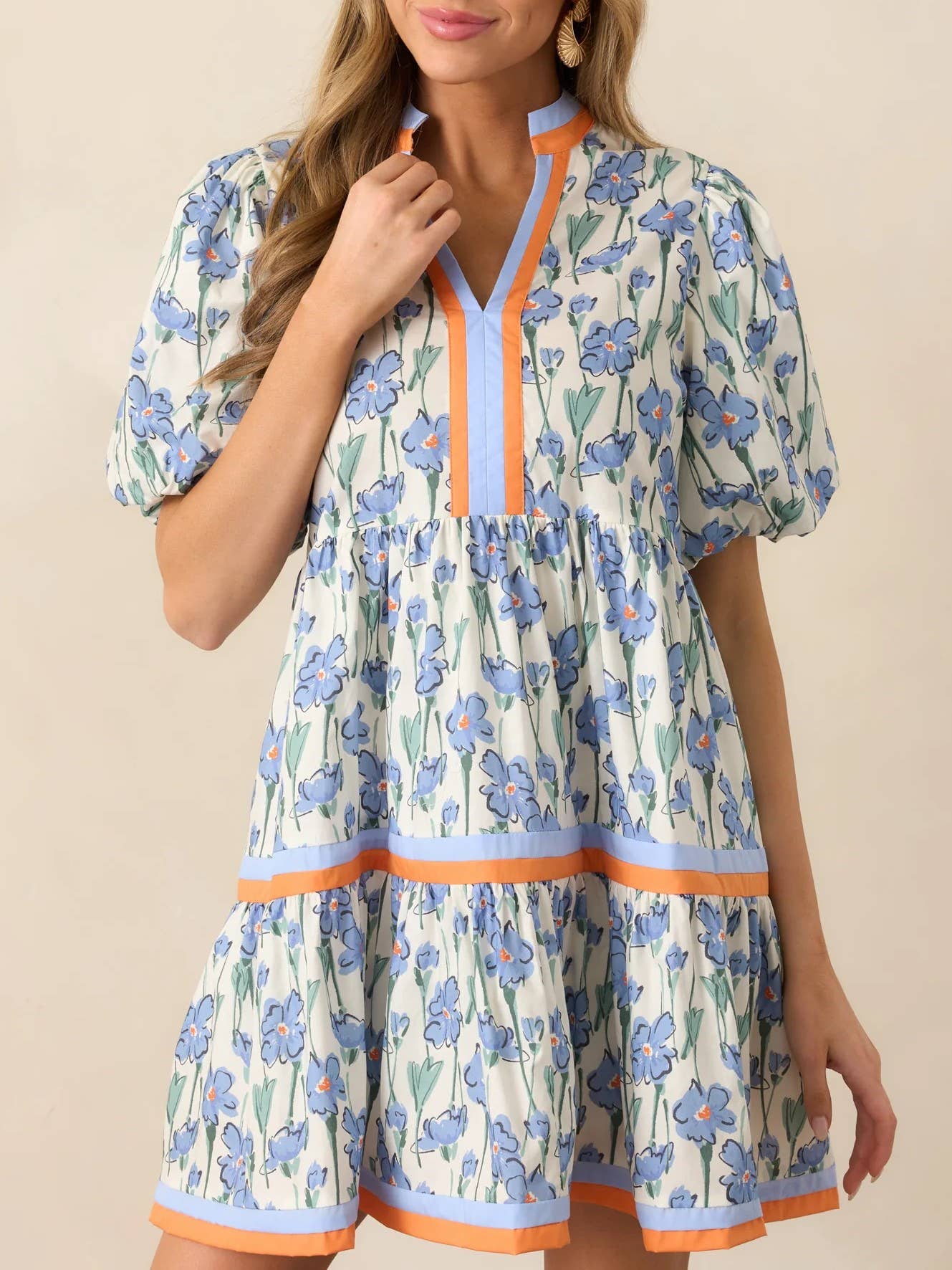 Blue wildflowers Floral V-neck mini dress A-line dress