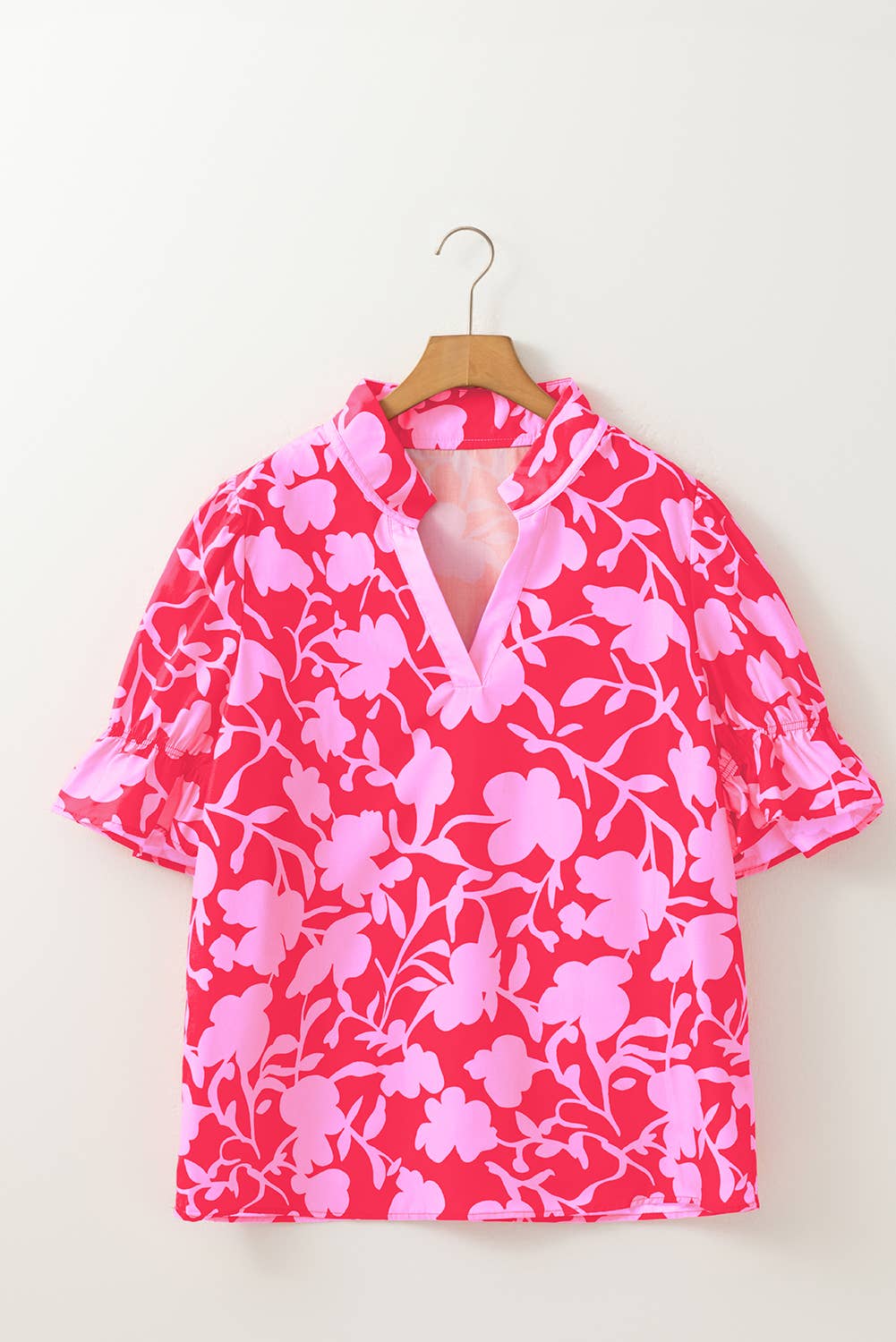 Floral Split V Neck Ruffled Blouse Top