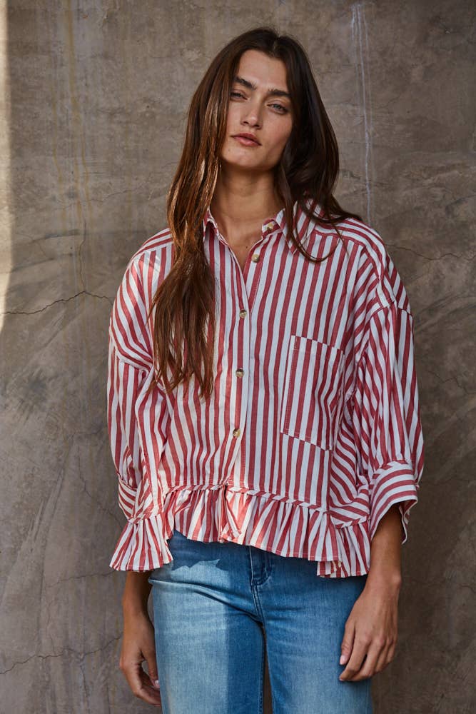 Woven Cotton Striped Button Down Shirt Top