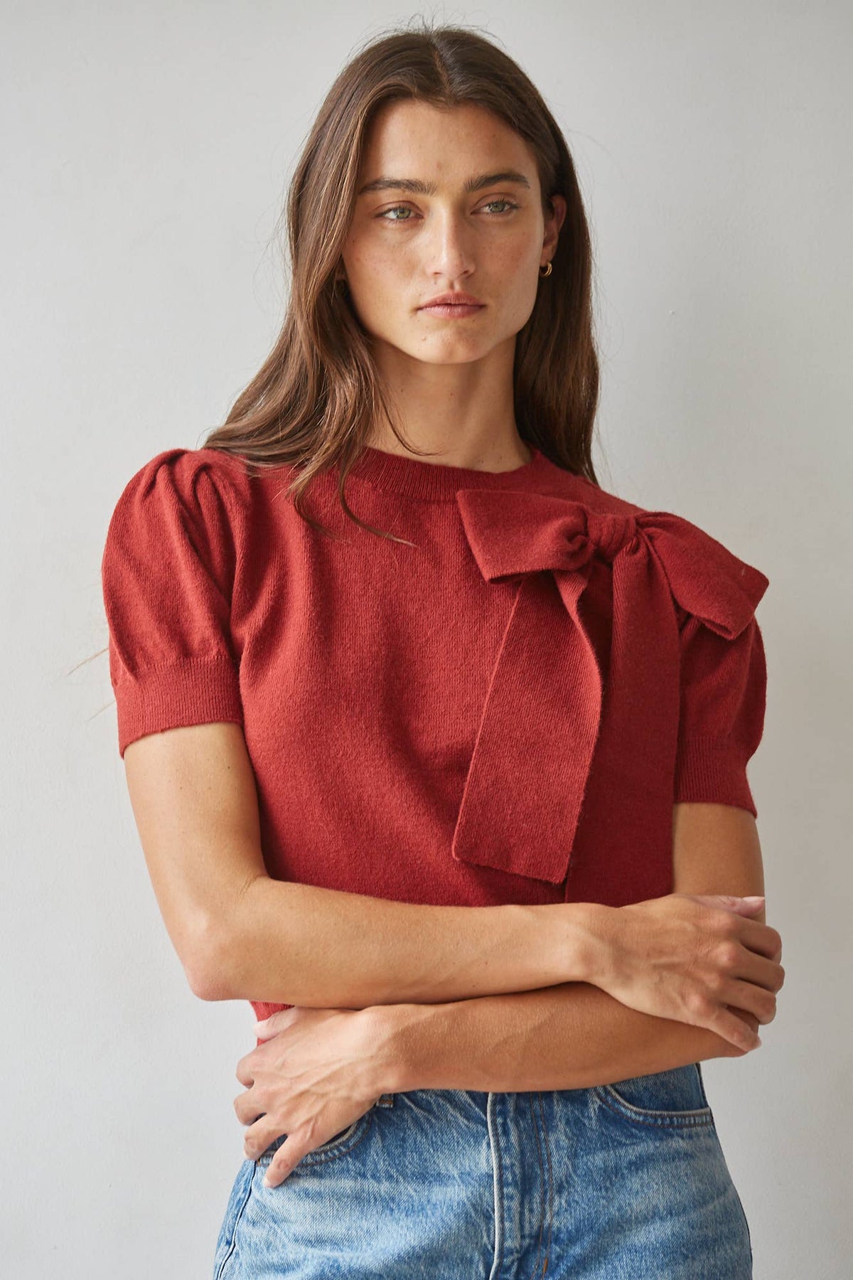 Knit Sweater Pullover With Shoulder Tie Bow Detail