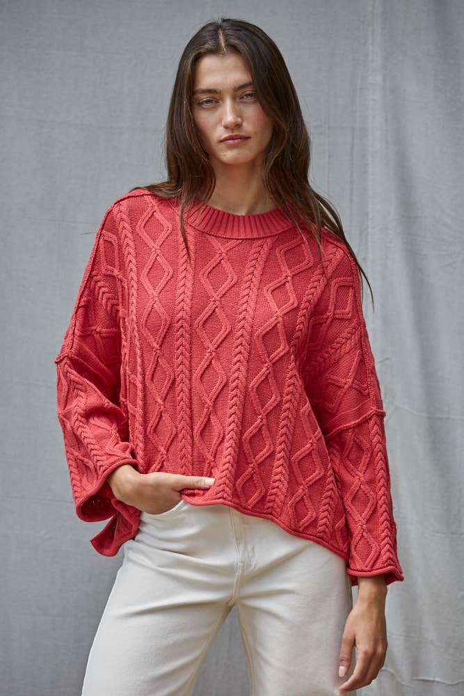 Knit Cable Sweater Cotton 3/4 Sleeve Pullover