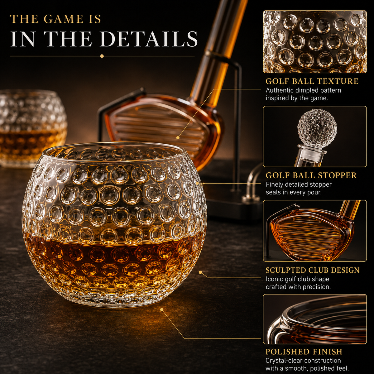 Golf Club Whiskey Decanter Set with 2 Crystal Glasses, 28.7