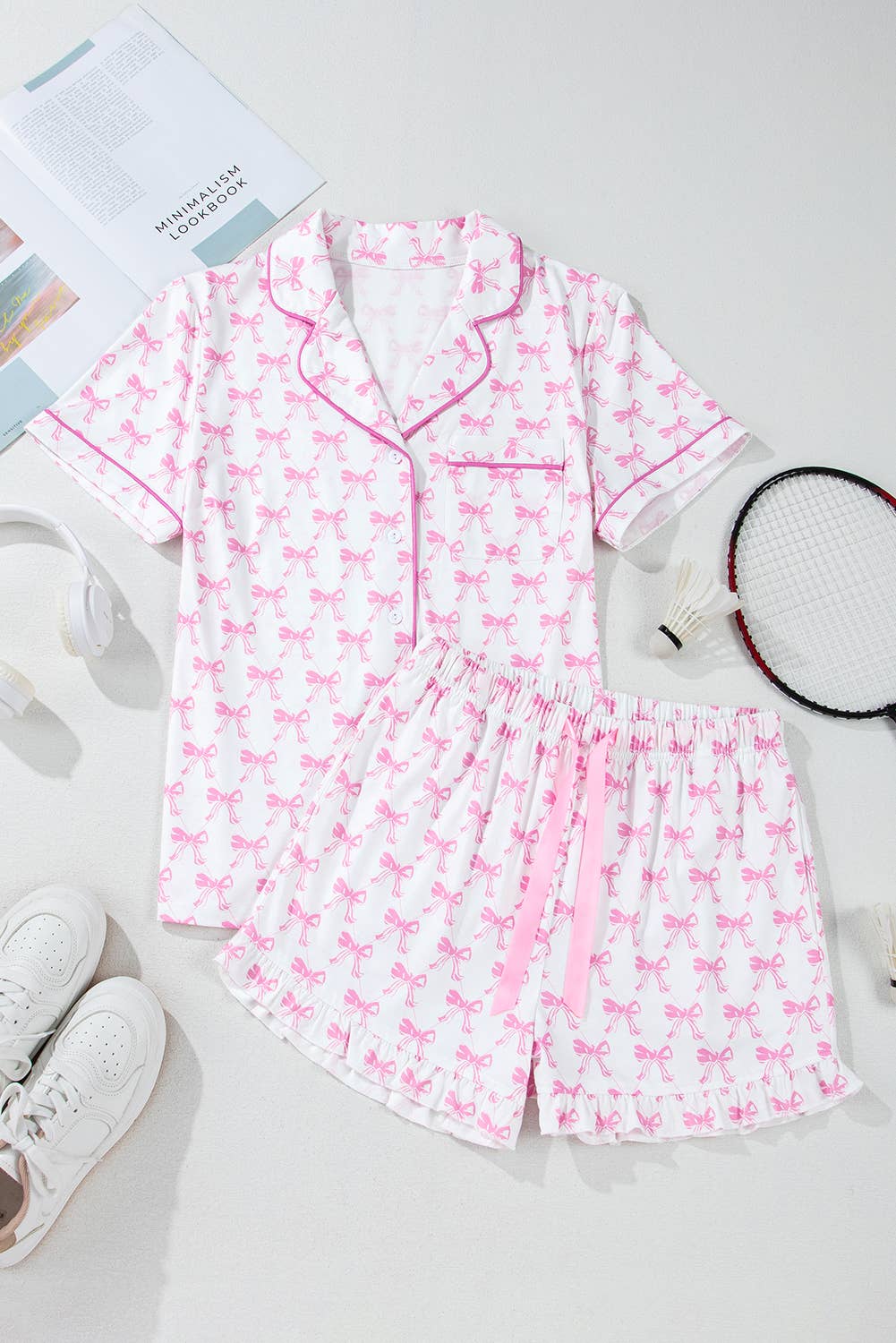 Bowknot Print Short Sleeve and Shorts Pajama Set