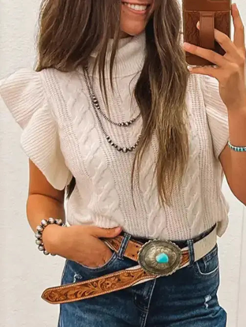 Cable Knit Turtleneck Sweater Ruffle Sleeve Casual Top