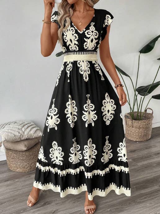 Boho Ethnic Print Ruffled Sleeve V-Neck Dress