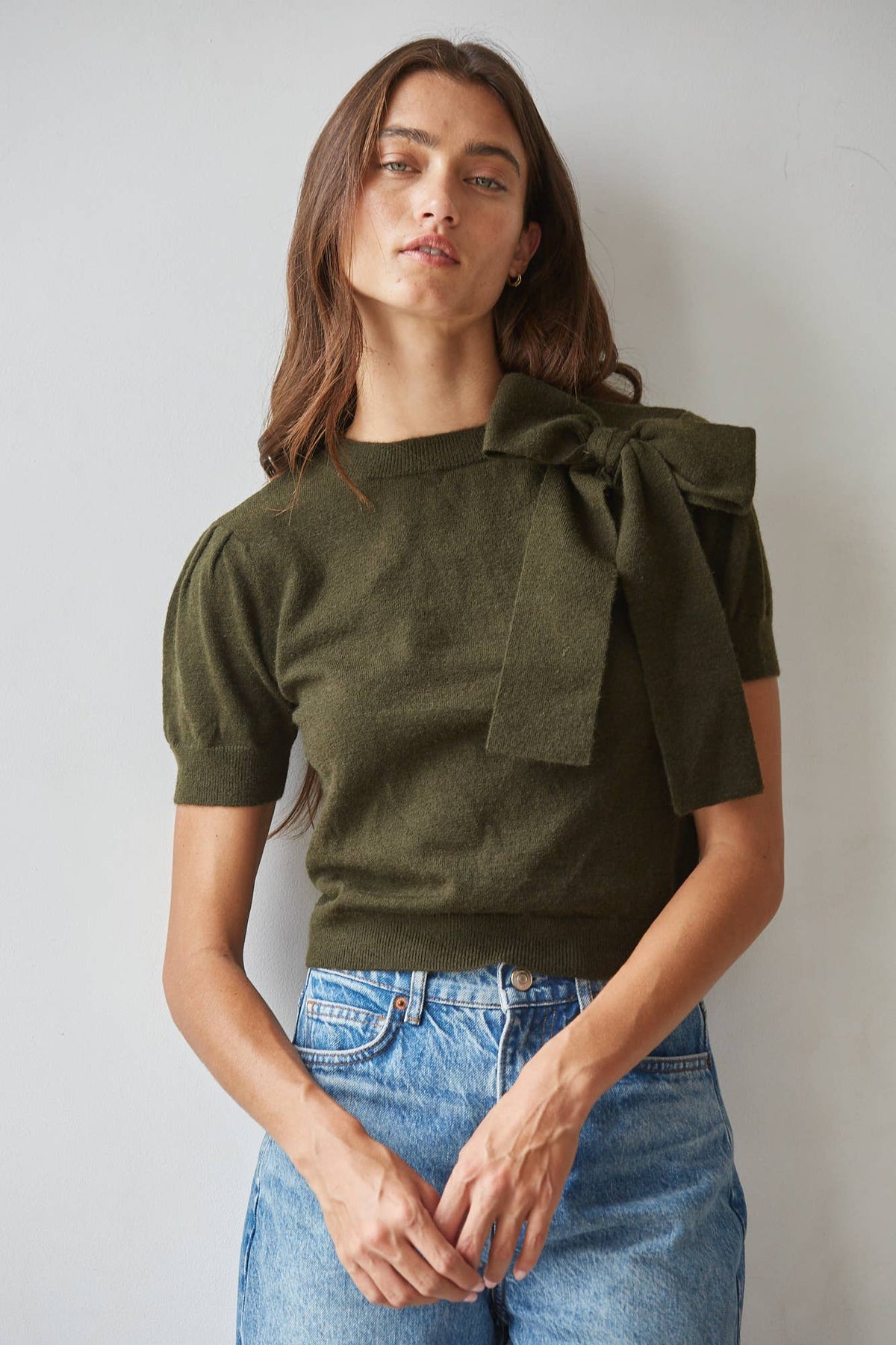 Knit Sweater Pullover With Shoulder Tie Bow Detail