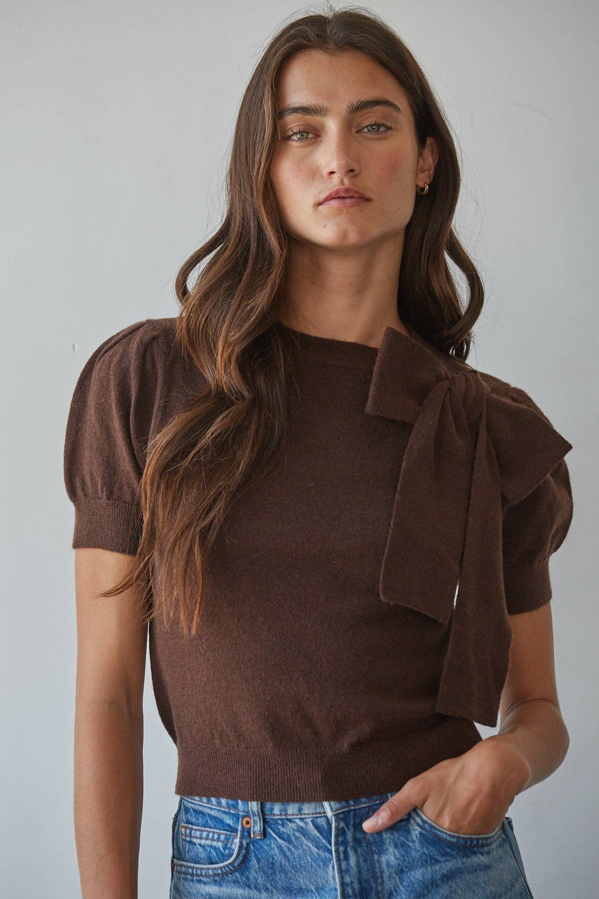 Knit Sweater Pullover With Shoulder Tie Bow Detail