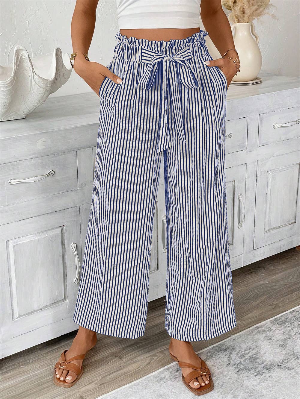 Ruffle Paperbag Slacks Striped Wide-Leg Pants