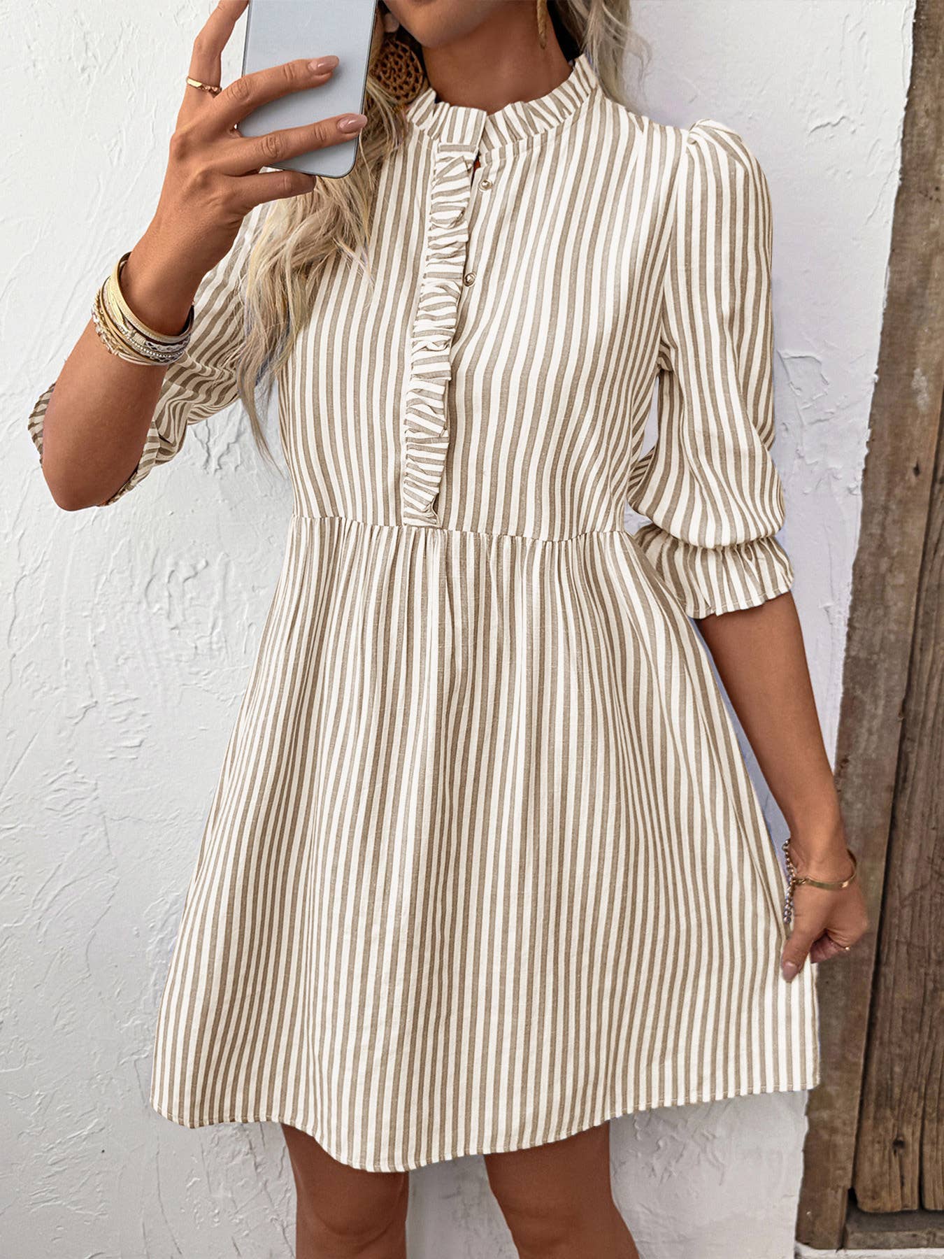 Puff-Sleeve Stand-Up Collar Striped Dress