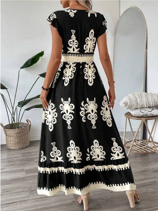 Boho Ethnic Print Ruffled Sleeve V-Neck Dress