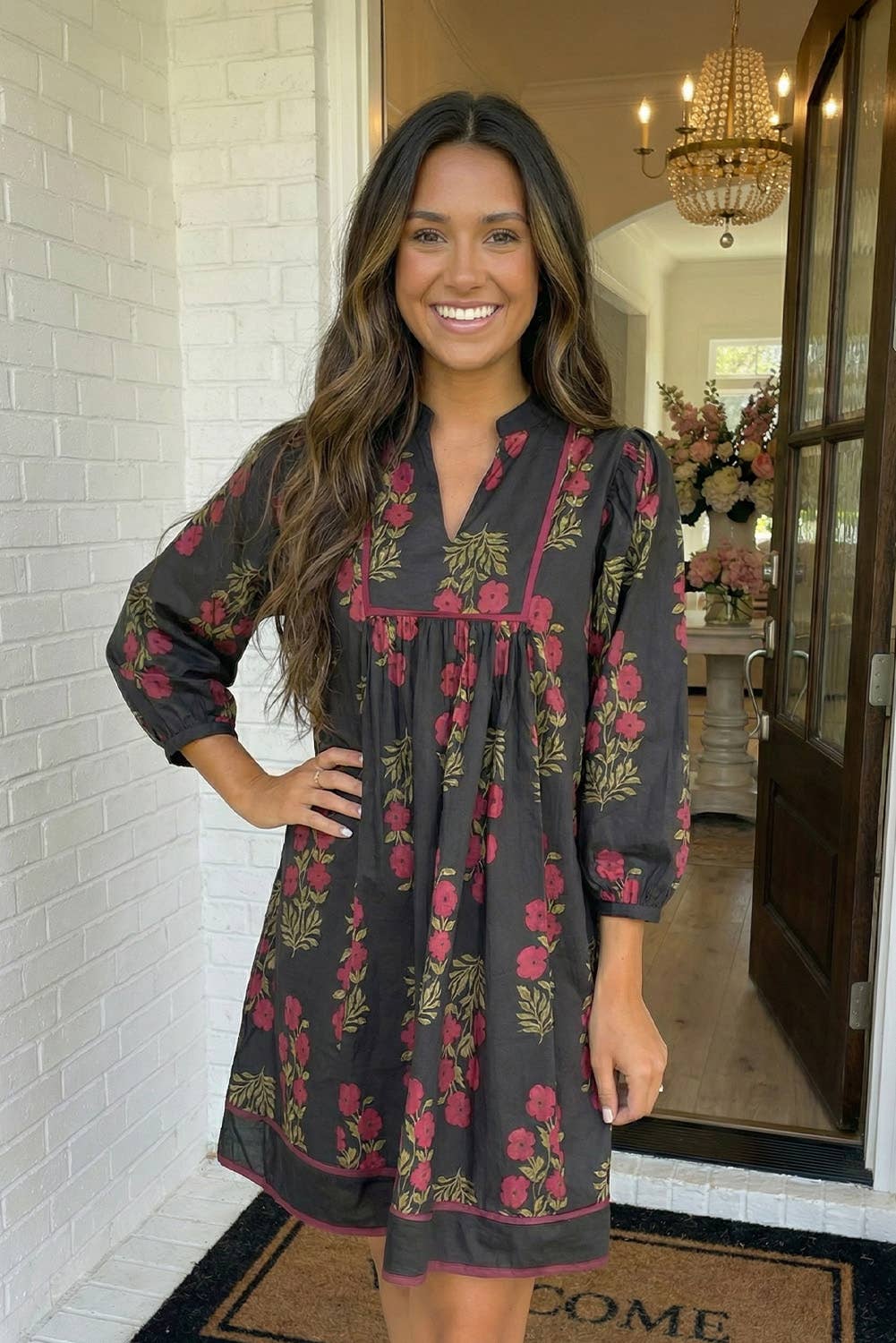 Floral Piping Trim Bracelet Sleeve Babydoll Dress