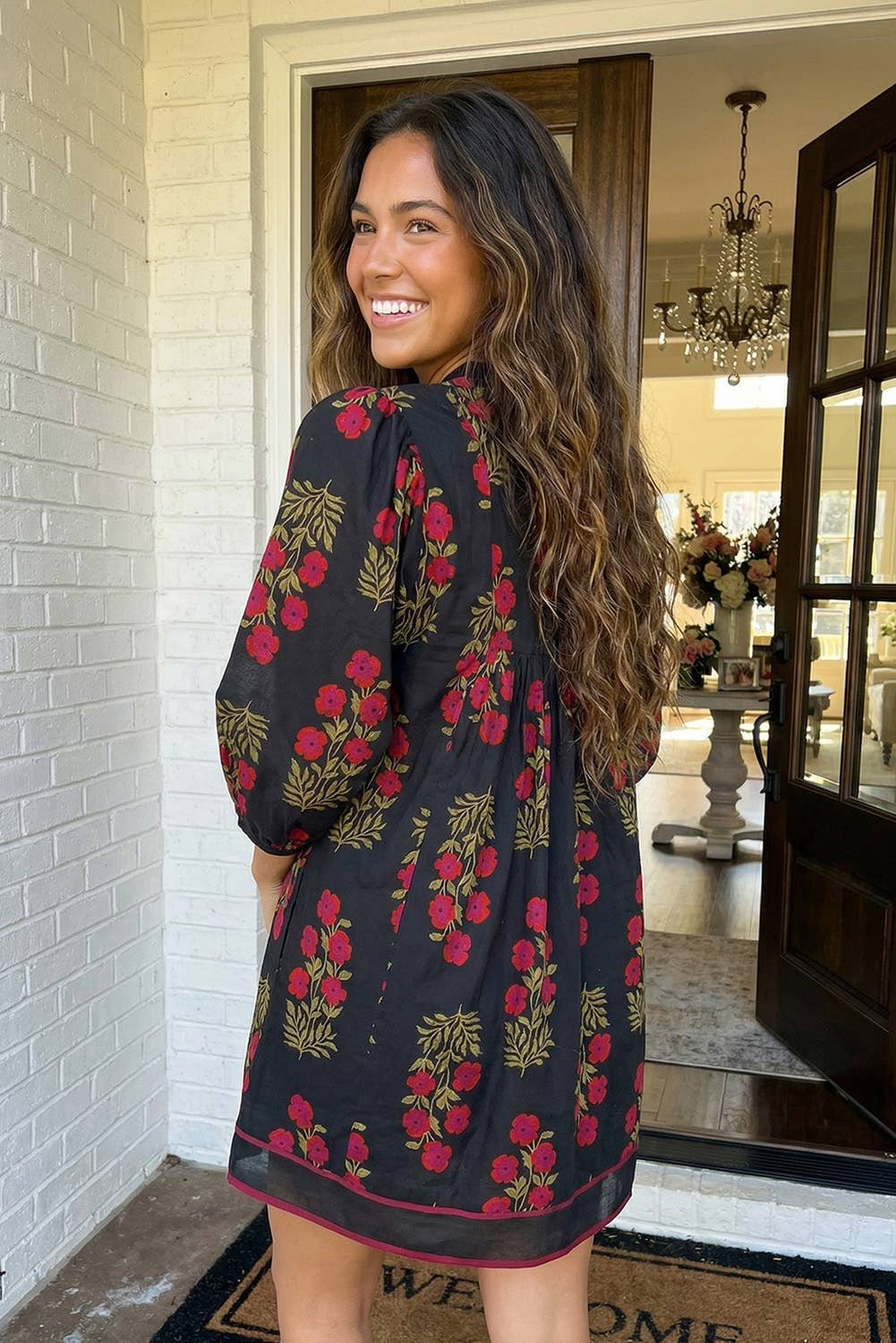 Floral Piping Trim Bracelet Sleeve Babydoll Dress