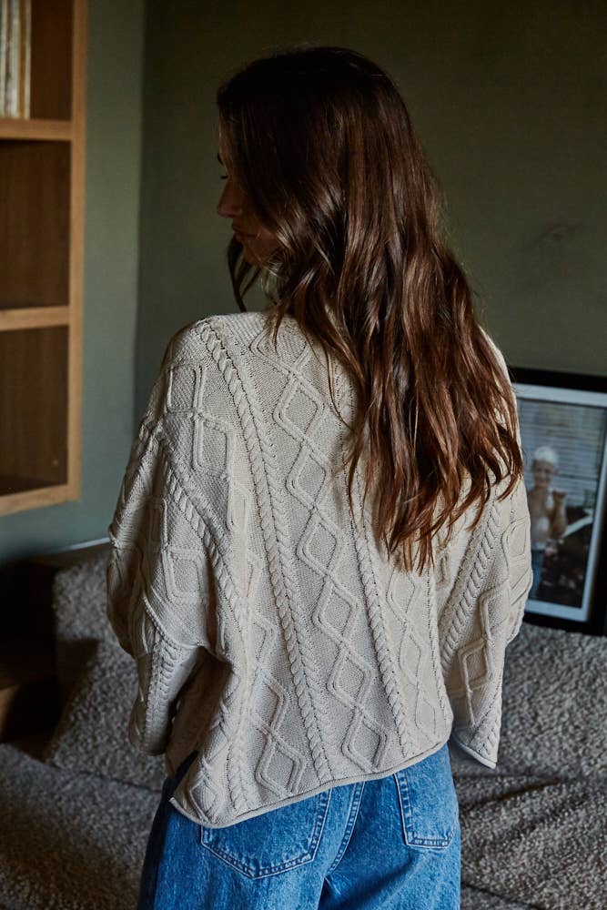 Knit Cable Sweater Cotton 3/4 Sleeve Pullover