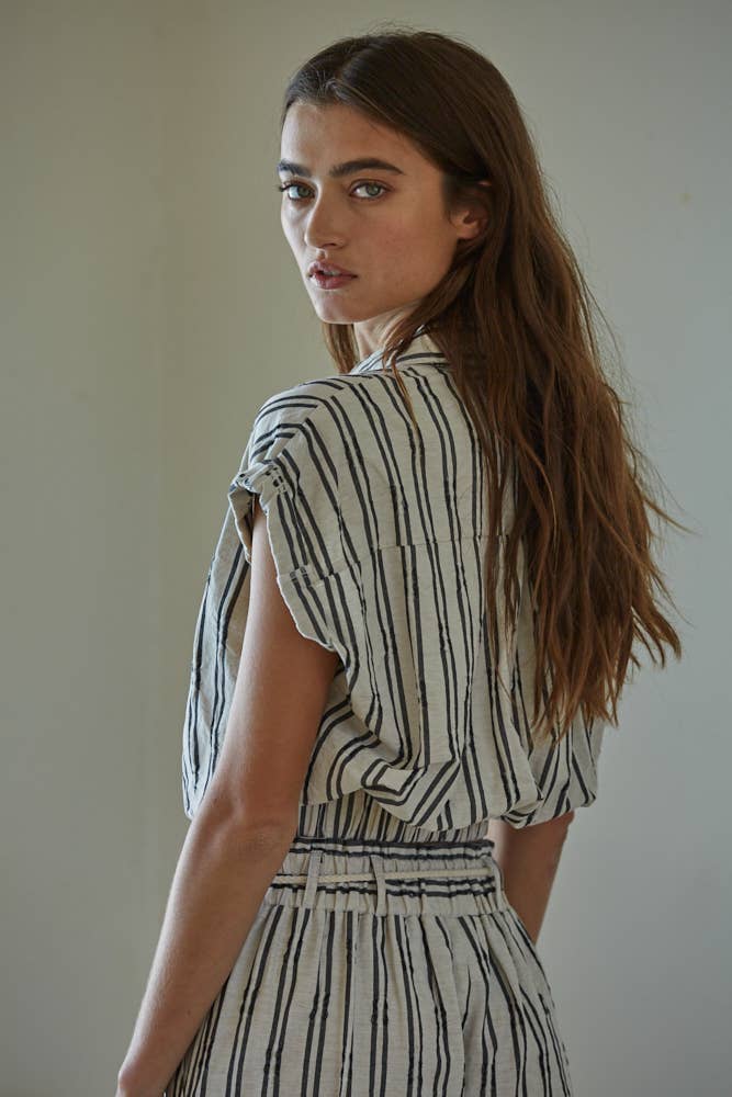 Striped Button Down Collar Neck Waist Tie Top