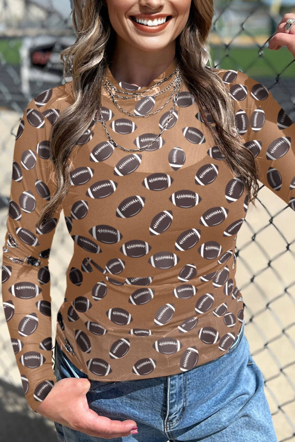 Black Game Day Rugby Mesh Sheer Long Sleeve Top