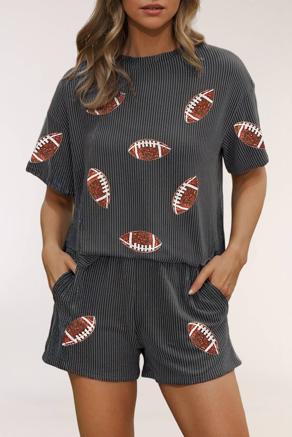 Sequin Football Patched Twisted Ribbed Loose 2pcs Short Set
