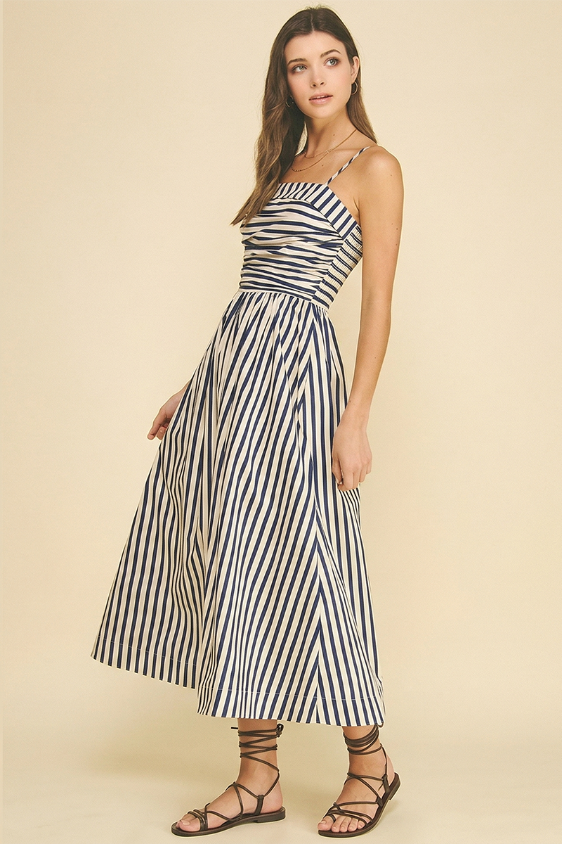 Striped Ruched Detail Midi Dress