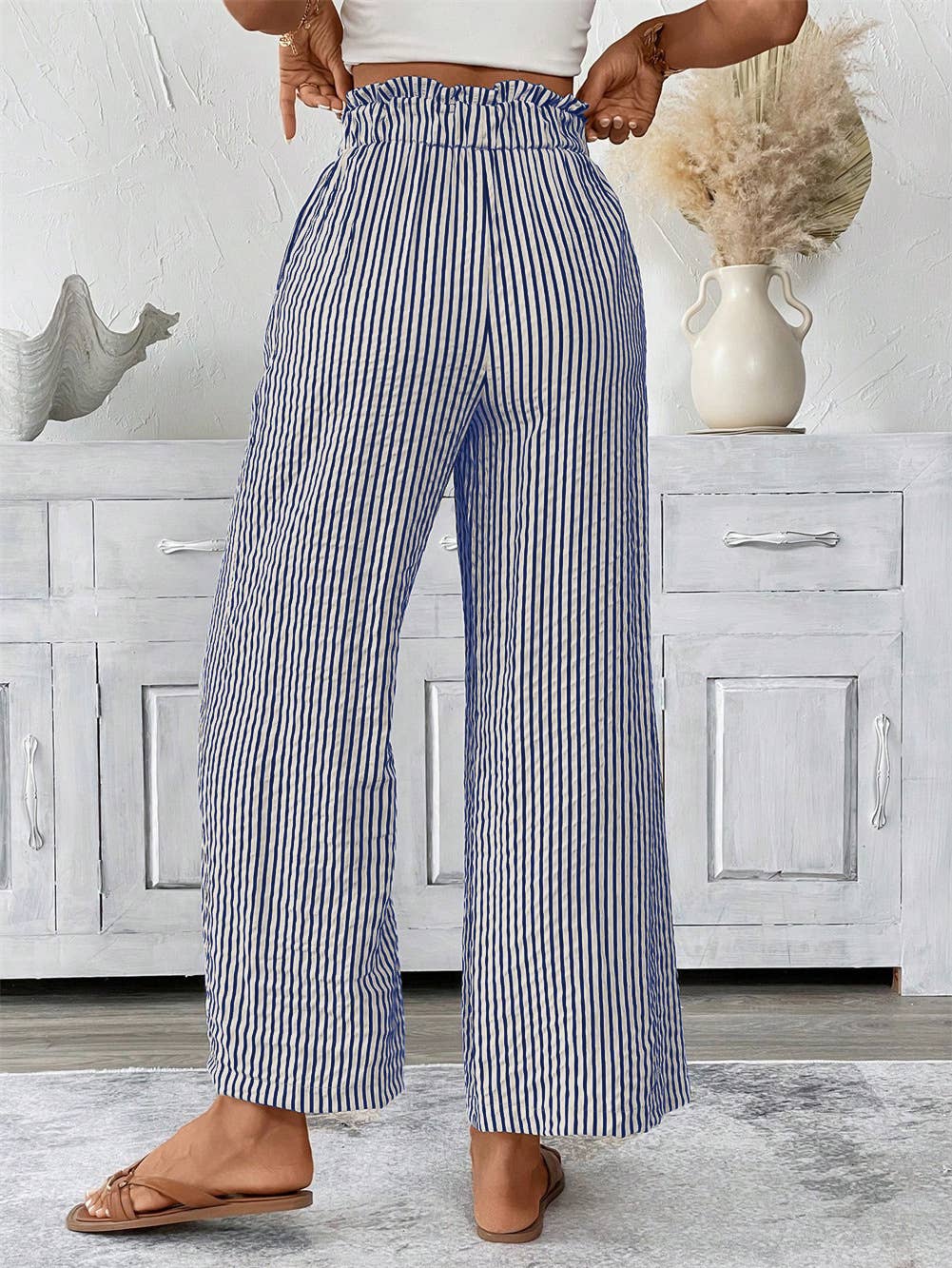 Ruffle Paperbag Slacks Striped Wide-Leg Pants