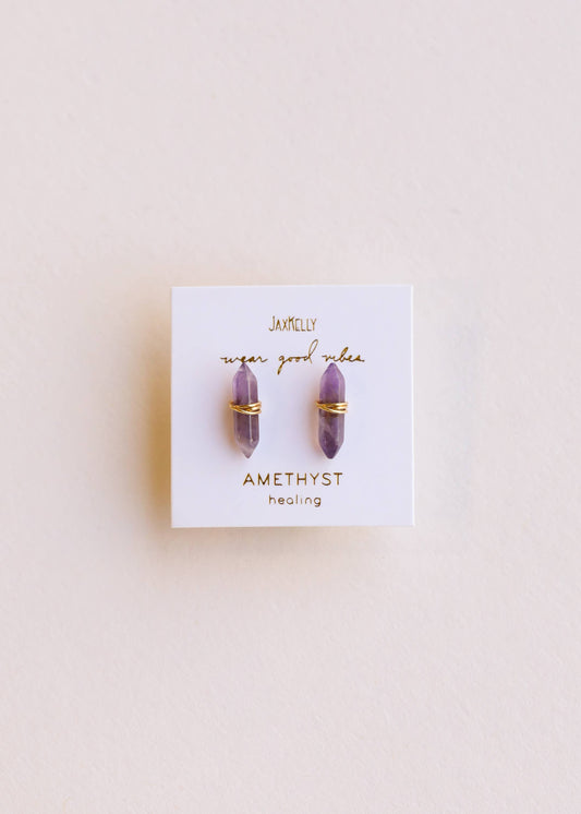 Mineral Point - Amethyst - Gold Wire Wrapped Earrings