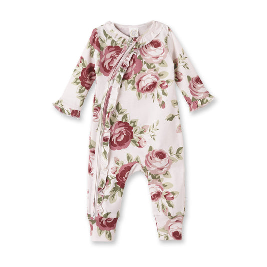 Baby Girl's Cabbage Rose Cotton Zippered Romper