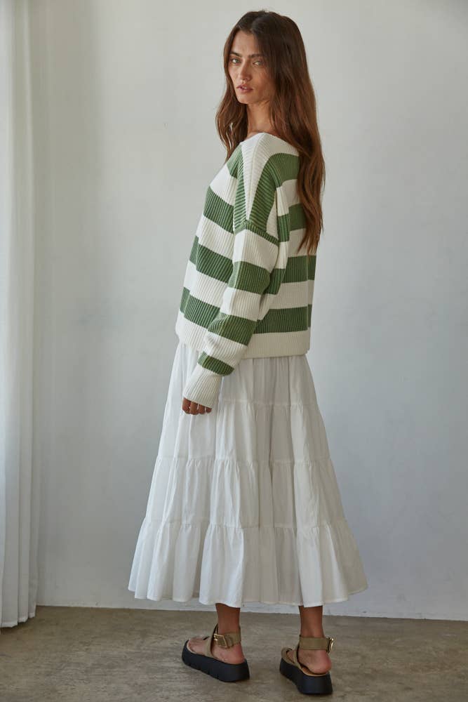 Knit Sweater Striped Cotton Boat Neck Long Sleeve