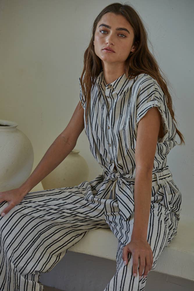Striped Button Down Collar Neck Waist Tie Top