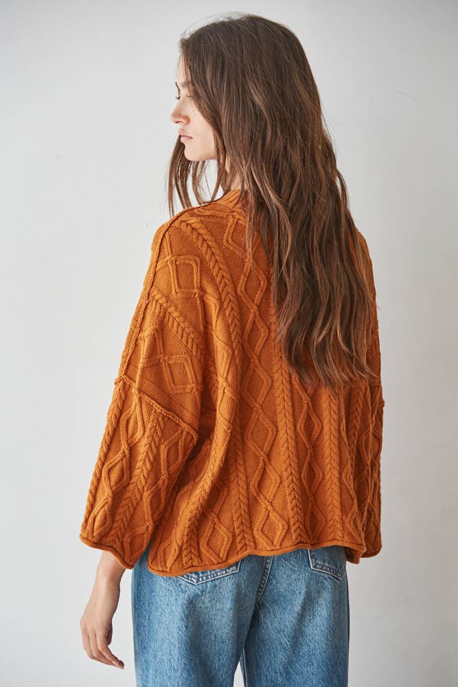Knit Cable Sweater Cotton 3/4 Sleeve Pullover