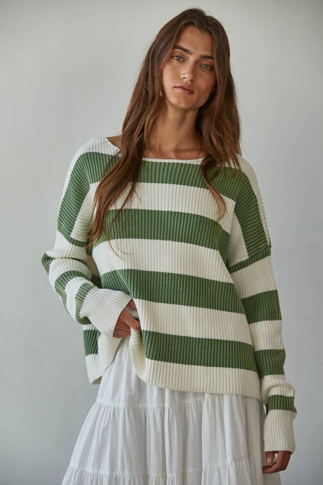 Knit Sweater Striped Cotton Boat Neck Long Sleeve