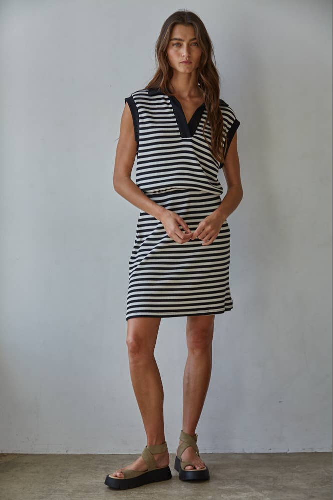 Knit Cotton Spandex Striped Ribbed V-Neck Polo Mini