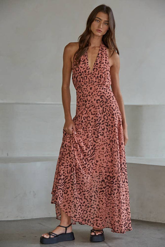 Woven Animal Print Polyester Chiffon Halter Maxi