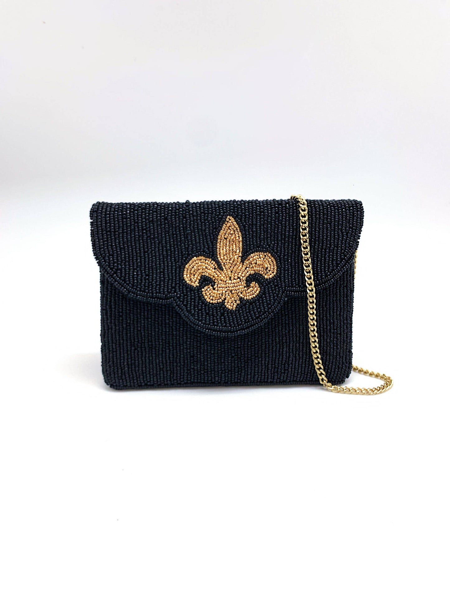 BLACK BEADED MINI CLUTCH WITH GOLD FLEUR DE LIS