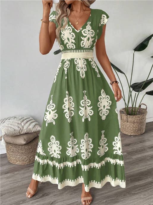 Boho Ethnic Print Ruffled Sleeve V-Neck Dress