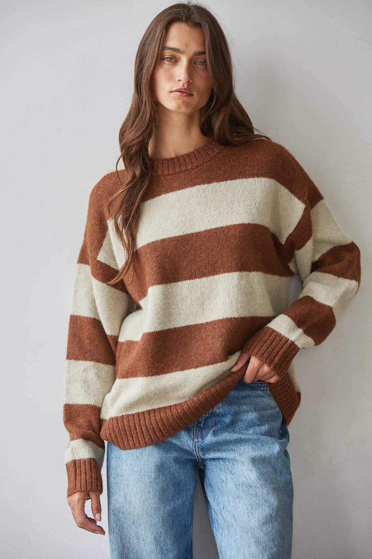Knit Sweater Striped Round Neck Long Sleeve Pullover