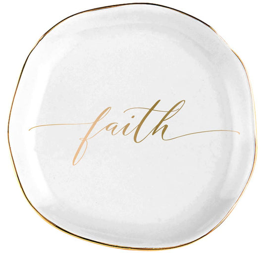 Ceramic Round Gold Rim Trinket Tray | Faith