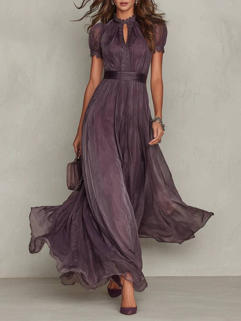 French Purple Lace Midi Dress with Puff Sleeves