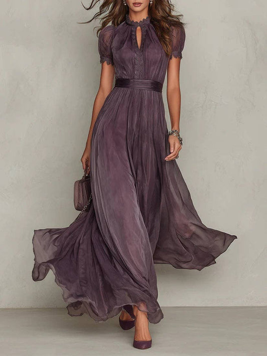 French Purple Lace Midi Dress with Puff Sleeves
