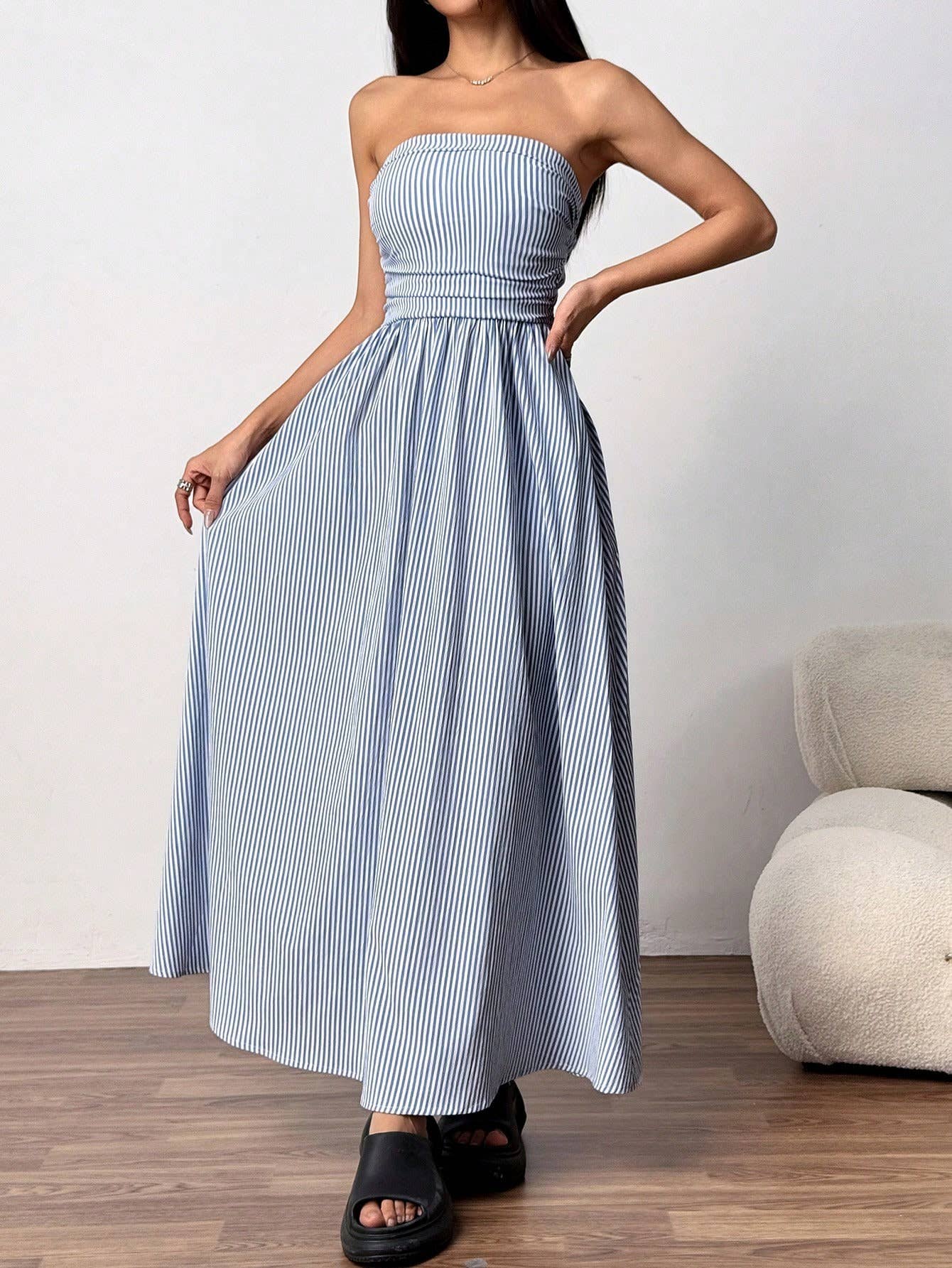 Effortless Vibe Pinstripe Strapless A-Line Skirt Maxi Dress