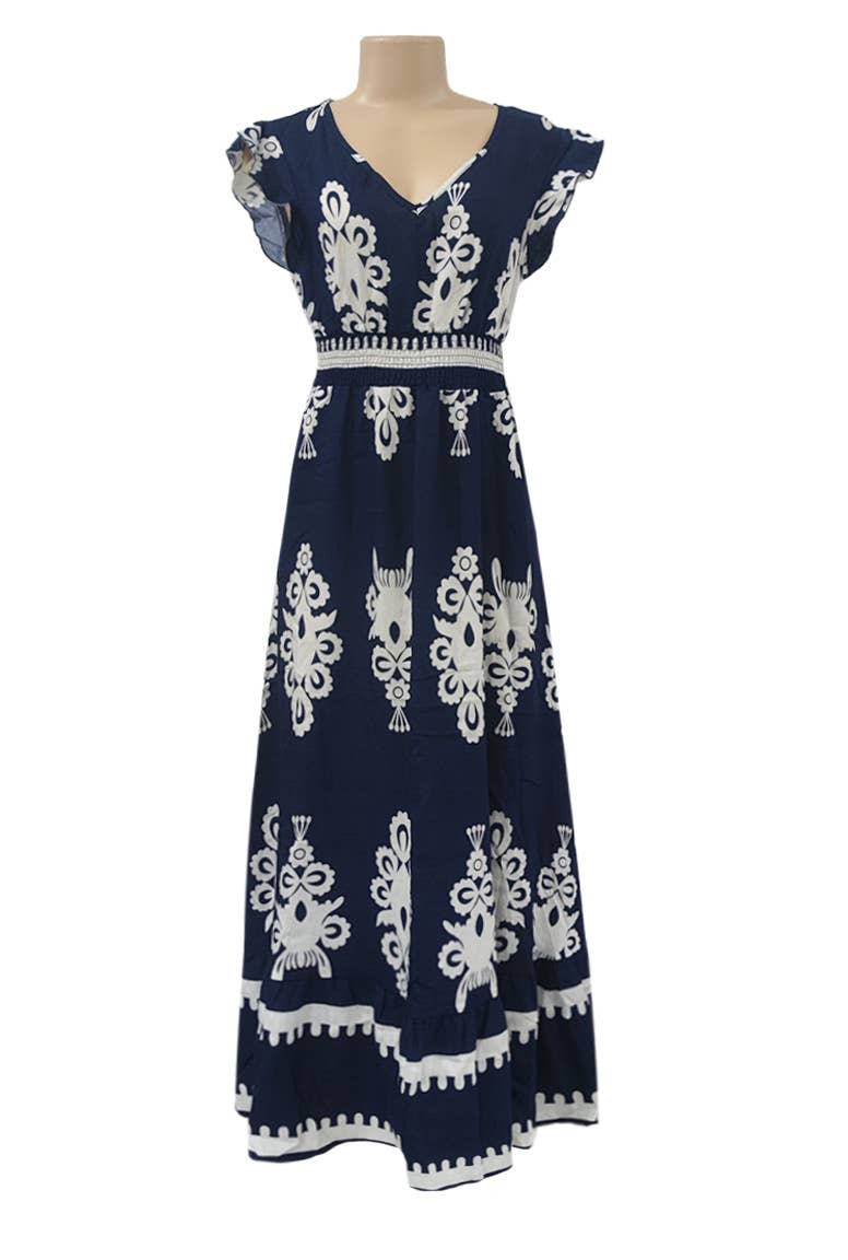 Boho Ethnic Print Ruffled Sleeve V-Neck Dress