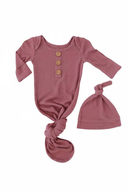 Boysenberry Bamboo Waffle Newborn Baby Knot Gown & Hat Set