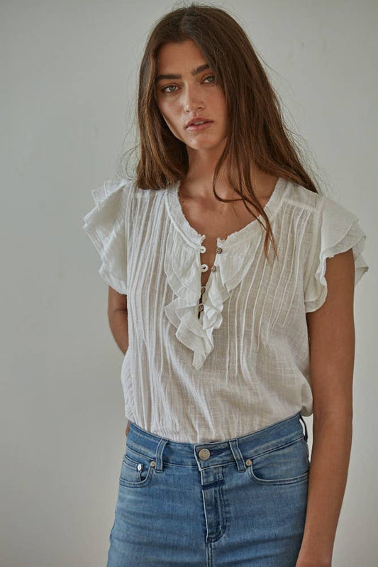 Woven Cotton Linen Button V-Neck Short Sleeve Top