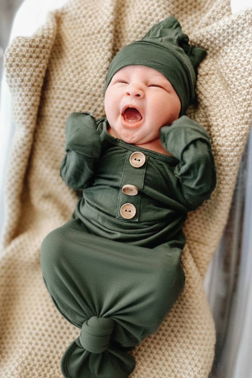 Solid Olive Bamboo Baby Knot Gown & Hat