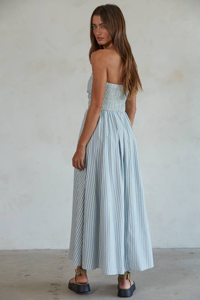 Striped Tube Neck Strapless Flare Maxi Dress