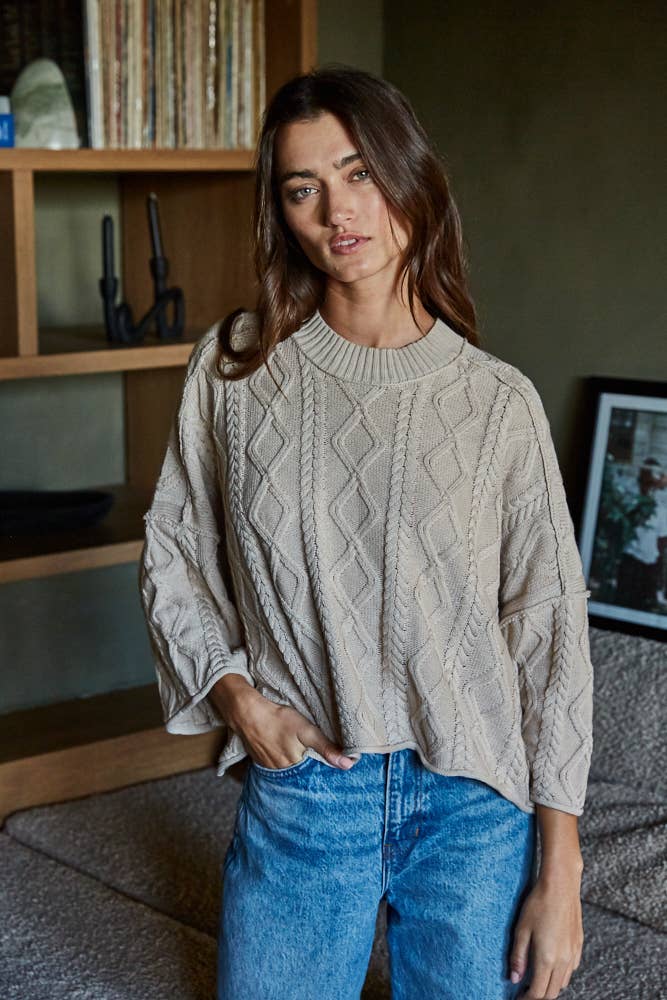 Knit Cable Sweater Cotton 3/4 Sleeve Pullover