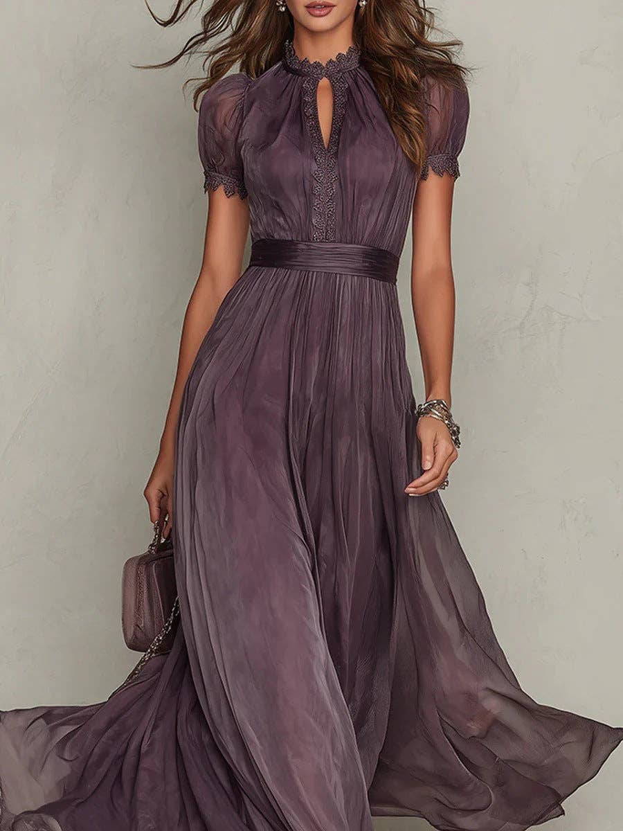 French Purple Lace Midi Dress with Puff Sleeves