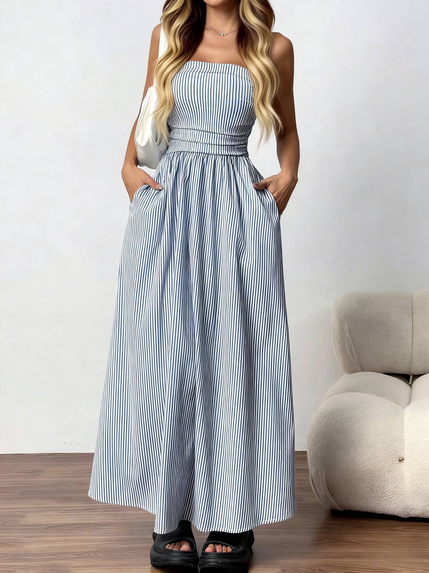 Effortless Vibe Pinstripe Strapless A-Line Skirt Maxi Dress