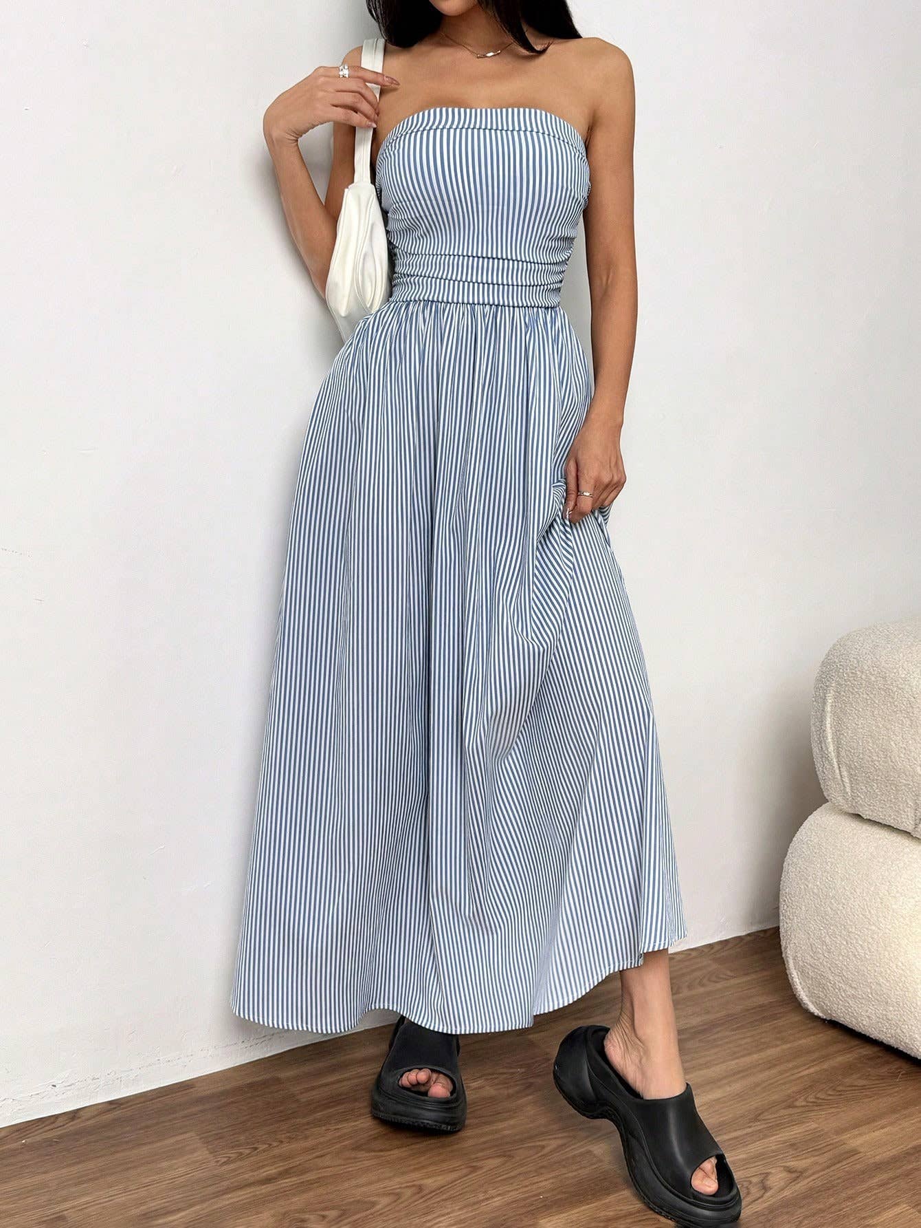 Effortless Vibe Pinstripe Strapless A-Line Skirt Maxi Dress