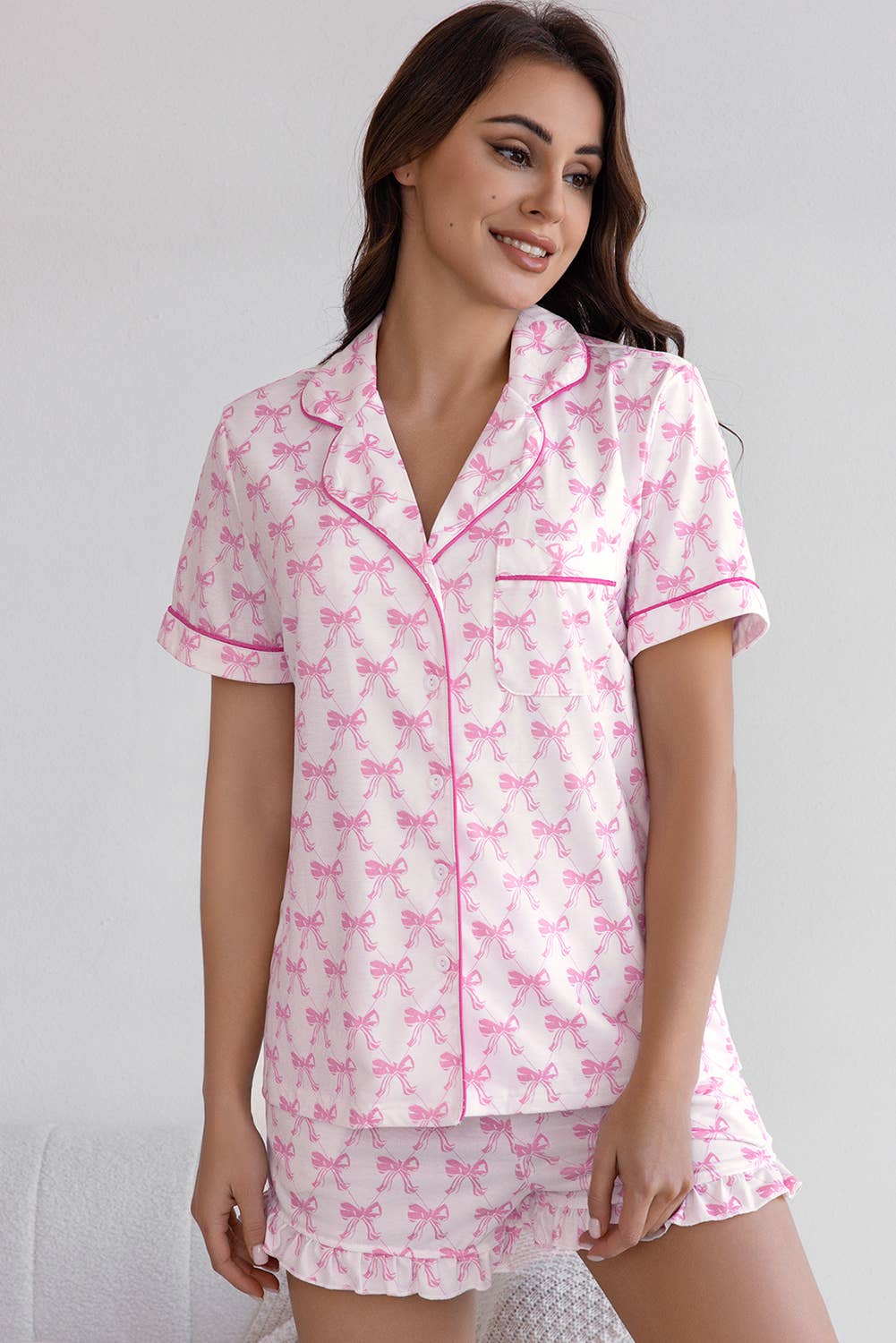 Bowknot Print Short Sleeve and Shorts Pajama Set