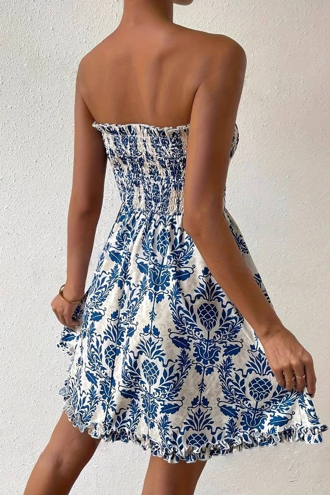 Vacation Paisley Floral Smocked Strapless Dress