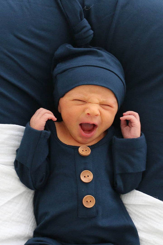 Solid Dark Navy Bamboo Baby Knot Gown & Hat