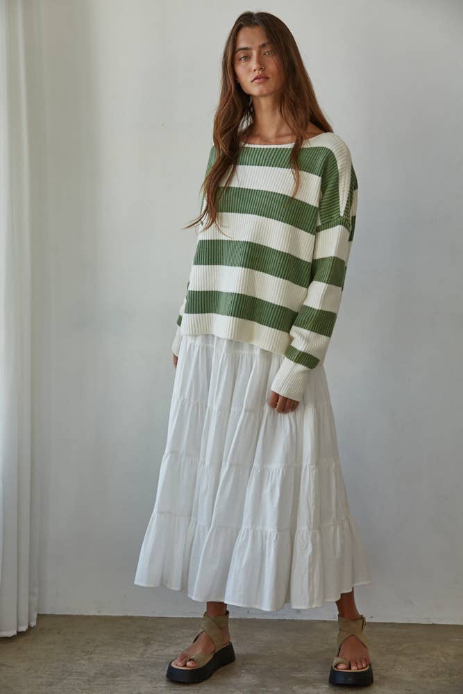 Knit Sweater Striped Cotton Boat Neck Long Sleeve